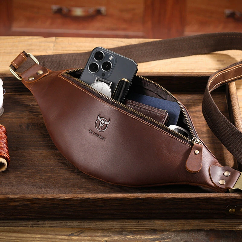 (image for) BULLCAPTAIN Genuine Leather Men's Belt Bag Crazy Horse Leather Casual Crossbody Bag Classic Retro Chest Bag Outdoor Storage Mountaineering Mobile Phone Bag Waist Bag